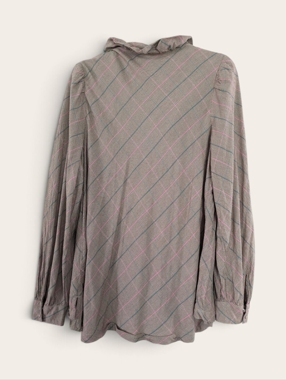 Crown & Ivy Shirt Womens 1X Tan Plaid Ruffle Split Neck Tunic Long Sleeve - Picture 4 of 9
